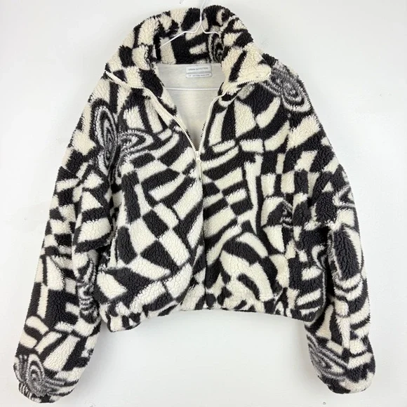 Urban Outfitters Olivia Print Sherpa Butterfly Fleece Black White Teddy Jacket - Picture 5 of 9
